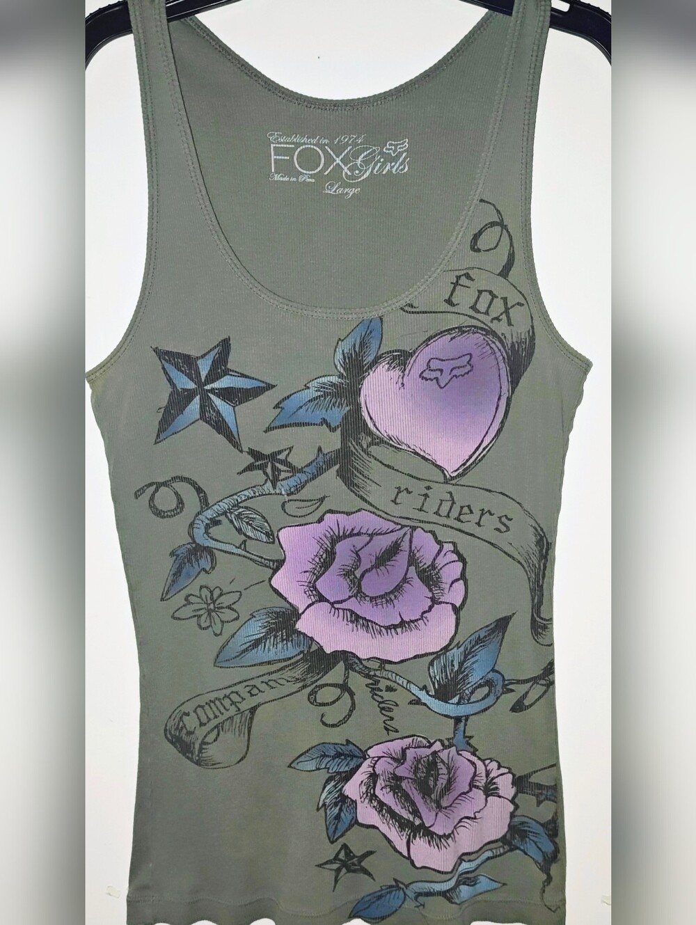 FOX Racing Y2K Ribbed Tank with Stars, Purple & Blue Roses And Ribbon Graphics